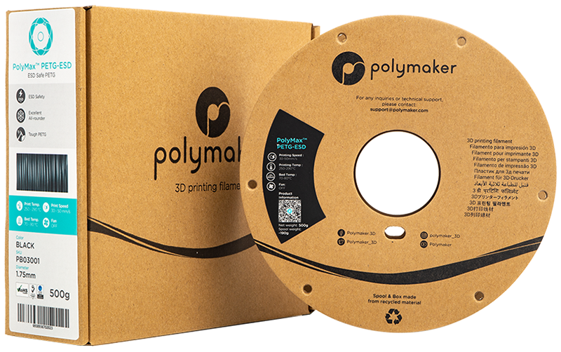 The PolyMax PETG ESD filament in its packaging